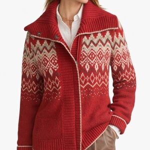 Eddie Bauer Fair Isle Sweater Nordic Knit Cardigan Funnel Zip Snap Red Cream M/L